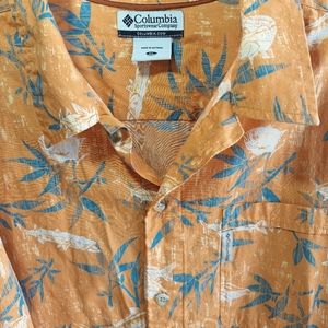 Columbia Button Up Shirt Mens X Large Orange W/ Fish & Blue Leaves Motif Fishing